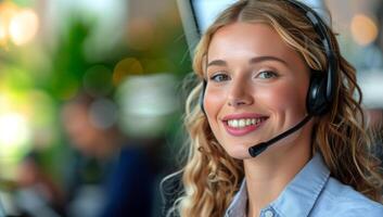 ai généré portrait de Jeune femme d'affaires avec casque dans une appel centre. photo