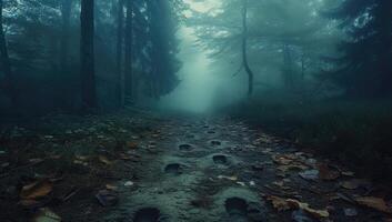 ai généré brumeux chemin par une foncé sinistre forêt photo