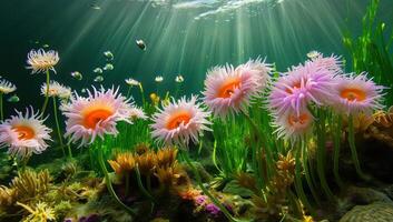 ai généré sous-marin jardin de vibrant mer anémones photo