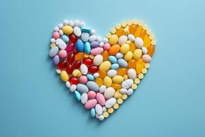 ai généré cœur en forme de assortiment de coloré pilules et capsules photo