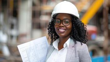 ai généré portrait de Jeune africain américain femelle ingénieur dans construction site photo