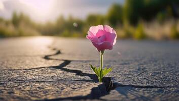 ai généré rose coquelicot émergente de le coucher du soleil allumé fissuré béton photo