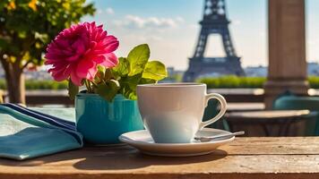 ai généré tasse de café, fleurs contre le Contexte de le Eiffel la tour, Paris photo