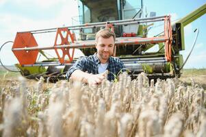 agriculteur permanent dans blé champ à récolte photo