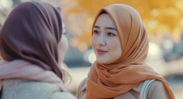 ai généré Jeune femme observe ami portant hijab, musulman famille des moments image photo