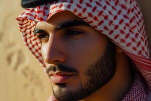 ai généré homme dans traditionnel arabe tenue des stands dans désert paysage, islamique traditionnel Vêtements image photo
