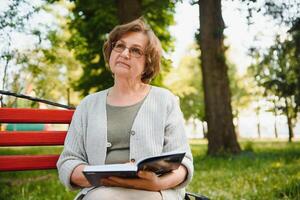 retraité femme en train de lire une livre sur le banc photo