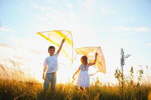 content les enfants lancement une cerf-volant dans le champ à le coucher du soleil. peu garçon et fille sur été vacances. photo