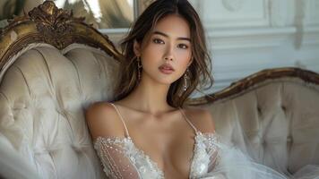 ai généré luxe mode de vie élégant asiatique femme se prélasser dans attique suite photo