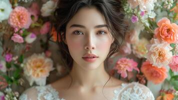 ai généré de mariée beauté asiatique femme dans intemporel jardin mariage couture photo