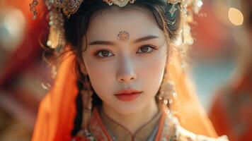 ai généré asiatique beauté traditionnel Danse au milieu de ancien splendeur photo