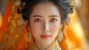 ai généré élégant la fusion asiatique femme dans opulent traditionnel tenue photo