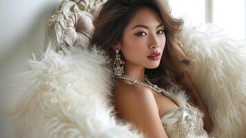 ai généré charme luxueux asiatique femme allongé dans fourrure et bijoux photo
