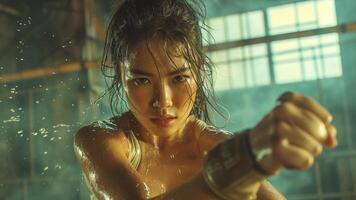 ai généré responsabilisation asiatique femme kickboxing dans Urbain réglage photo