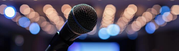 ai généré Zoomé image de une microphone à un international économique conférence, orateur dans le Contexte photo