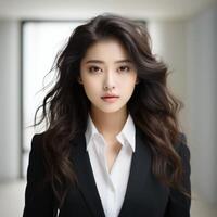 portrait de une 25 ans vieux mignonne chinois femme d'affaires avec longue marron frisé cheveux photo
