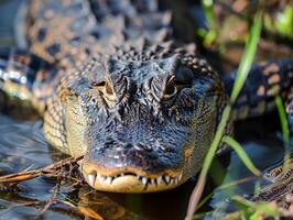 ai généré crocodile attendre pour ses proie cache dans le embuscade photo