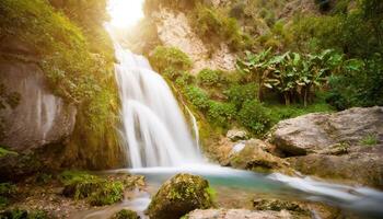 ai généré Voyage destination de une scénique cascade paysage sur une tropical vacances photo