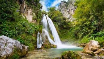 ai généré Voyage destination de une scénique cascade paysage sur une tropical vacances photo