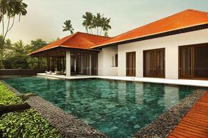 luxe avec tropical jungle villa recours luxueux nager bassin. génératif ai illustration photo