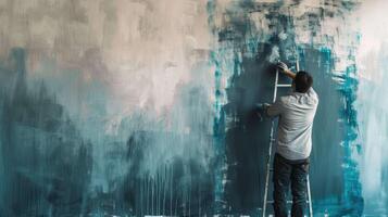 ai généré homme engagé dans La peinture un vide chambre, symbolisant renouvellement et Accueil amélioration photo