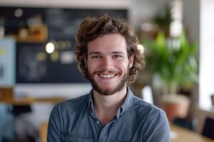 ai généré une homme avec une barbe et une bleu chemise est souriant photo