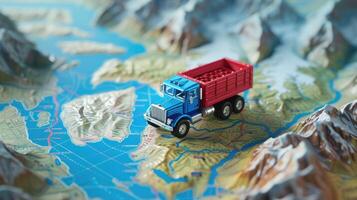 ai généré miniature bleu un camion sur une route par automnal forêt - logistique et saisonnier Voyage concept photo
