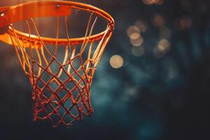 ai généré une basketball cerceau avec une net dans le foncé photo