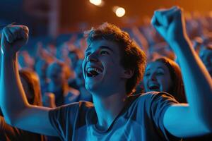 ai généré une homme dans une bleu veste est applaudissement dans une stade photo