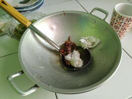 sale graisseux friture la poêle avec nourriture résidu. photo