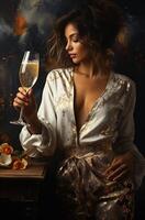 ai généré élégant femme avec une verre de Champagne à une fête - fermer photo