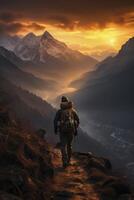 ai généré gens avec sacs à dos escalade montagnes. génératif ai photo