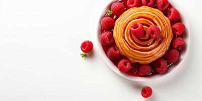 ai généré Haut vue de framboise Charlotte gâteau sur blanc Contexte avec copie espace délicieux Frais cuit en bonne santé végétalien fait maison dessert photo