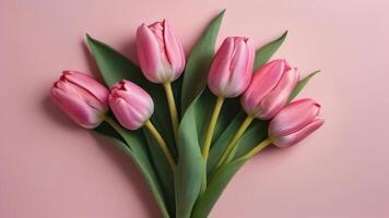 ai généré photo de printemps tulipe fleurs sur rose Contexte Haut vue dans plat allonger style salutation aux femmes ou les mères journée ou printemps vente bannière. ai généré