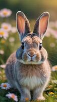 ai généré photo de mignonne lapin lapin avec gros yeux permanent dans une champ de fleurs illustration. ai généré