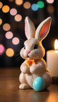 ai généré photo de Pâques lapin et bougie sur en bois table dans de face de bokeh Contexte. ai généré