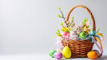 ai généré un Pâques panier avec des œufs et fleurs vole le projecteur, méticuleusement arrangé contre une clair, radiant blanc Contexte et copie espace pour texte photo