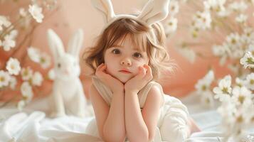 ai généré mignonne Jeune fille est portant un Pâques lapin costume avec lapin oreilles dans une studio famille photo. photo