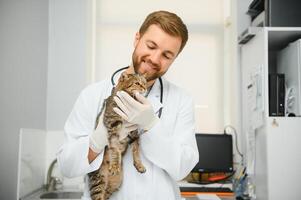 Beau Jeune vétérinaire en portant chat dans clinique photo