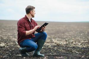 une agriculteur chèques qualité de sol avant semis. femme agriculteur avec une tablette dans champ détient Terre dans le sien mains. fille agronome chèques le qualité de semis grain. affaires femme chèques sa champ. photo