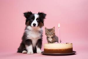 ai généré chat et chien séance avec gâteau avec un année bougie célébrer anniversaire fête sur rose Contexte. photo