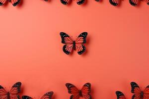 ai généré rouge papillons sur une été Contexte avec copie espace pour texte. Cadre pour salutation carte photo