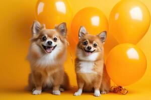 ai généré deux mignonne adorable anniversaire chihuahua chiens séance sur Jaune Contexte avec Orange des ballons. photo