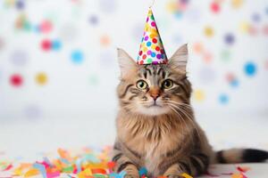 ai généré mignonne adorable anniversaire chat avec confettis, et dans fête chapeau séance sur blanc Contexte. photo