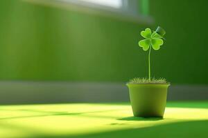 ai généré vert pot avec trèfle et trèfle feuilles avec petit lutin chapeau sur vert table Contexte photo