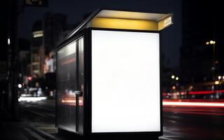 ai généré moderne publicité panneau d'affichage dans nuit rue moquer en haut ai généré photo