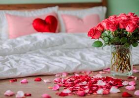 ai généré chambre avec Célibataire Rose et pétales sur lit, copie espace .saint valentin journée photo