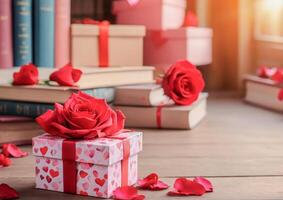 ai généré une vibrant bouquet de rouge des roses permanent grand dans le bibliothèque photo