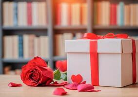 ai généré une vibrant bouquet de rouge des roses permanent grand dans le bibliothèque photo