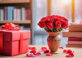 ai généré une vibrant bouquet de rouge des roses permanent grand dans le bibliothèque photo